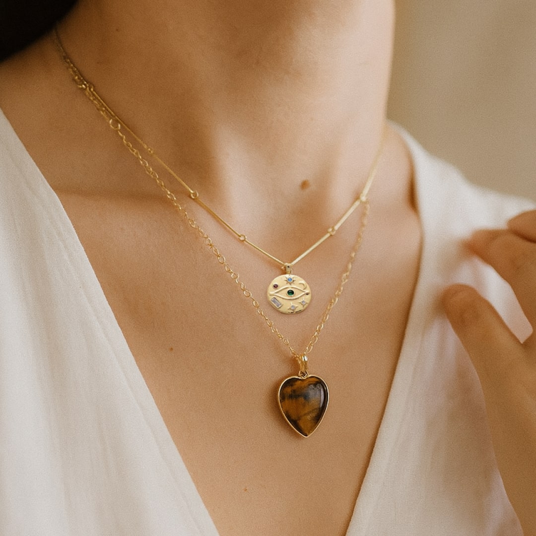 Collier Double "Cœur Protecteur" en Oeil de Tigre