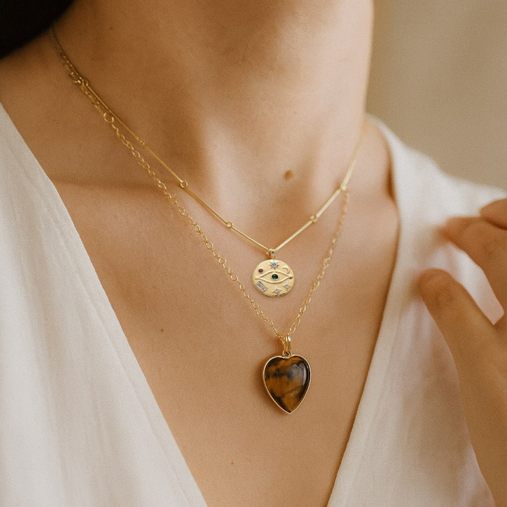 Collier Double "Cœur Protecteur" en Oeil de Tigre
