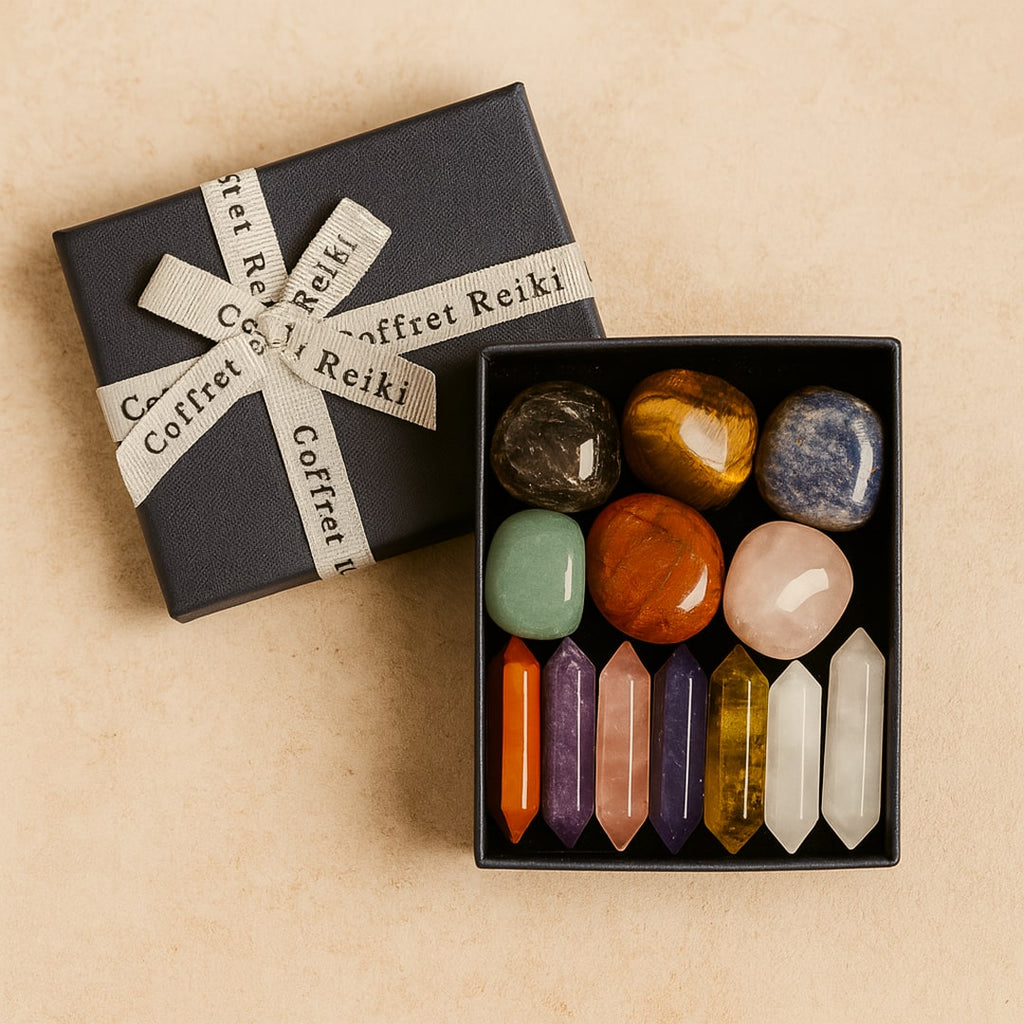 Coffret Reiki - Lot de 7 Pierres Naturelles & 7 Doubles Pointes