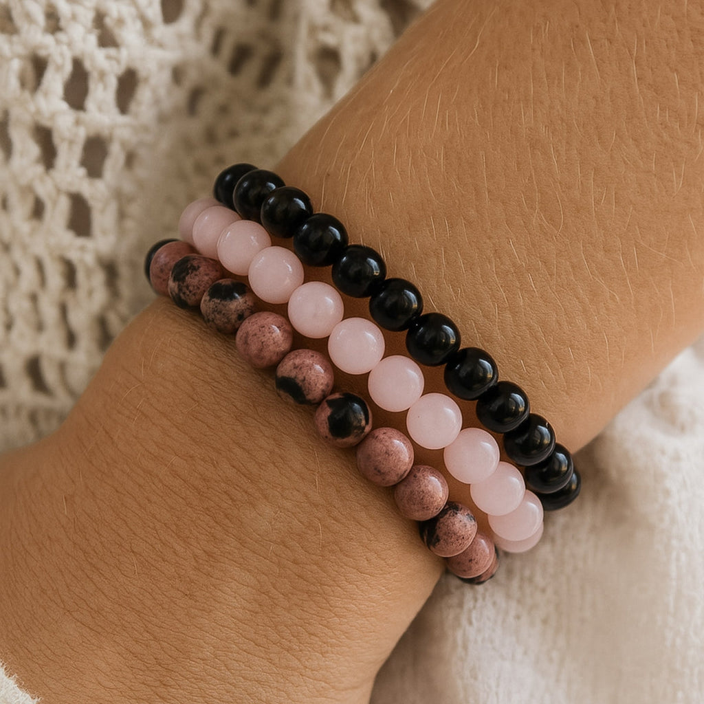 Trio de Bracelets "Paix & Équilibre" en Onyx, Quartz Rose & Rhodonite