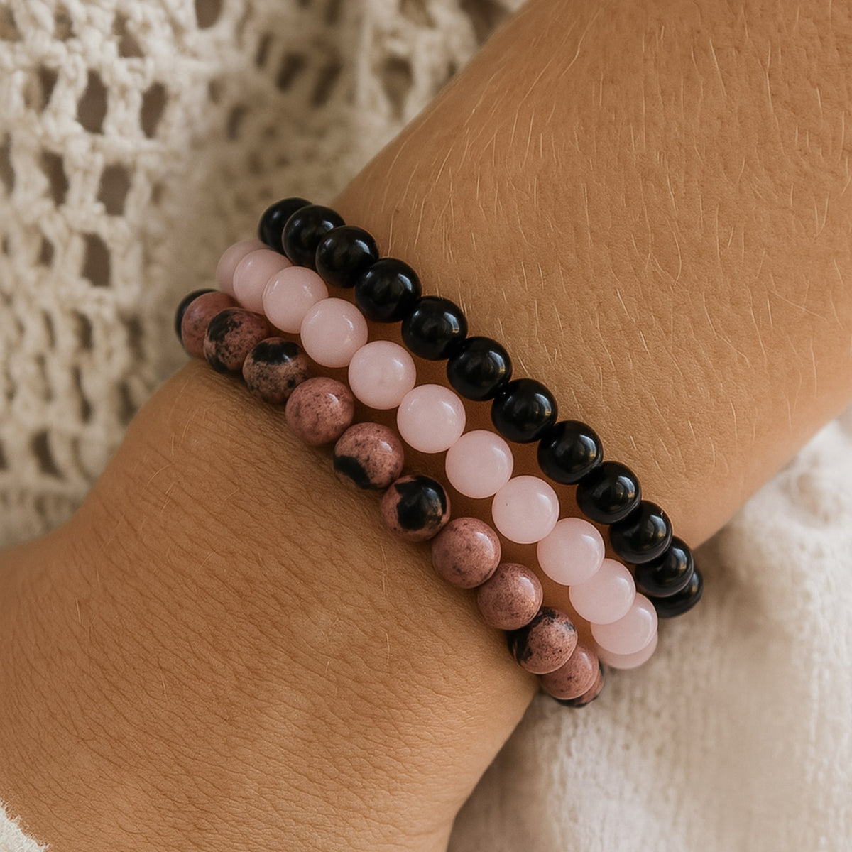 Trio de Bracelets "Paix & Équilibre" en Onyx, Quartz Rose & Rhodonite