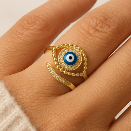 Bague Ajustable Œil Bleu Porte-Bonheur - vue détail - Jardin de Gaïa