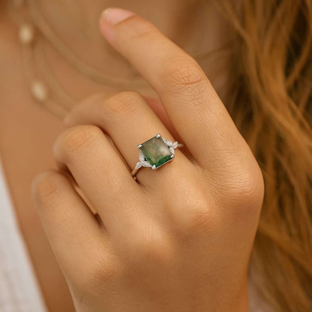 Bague "Équilibre Verdoyant" en Agate Mousse & Argent