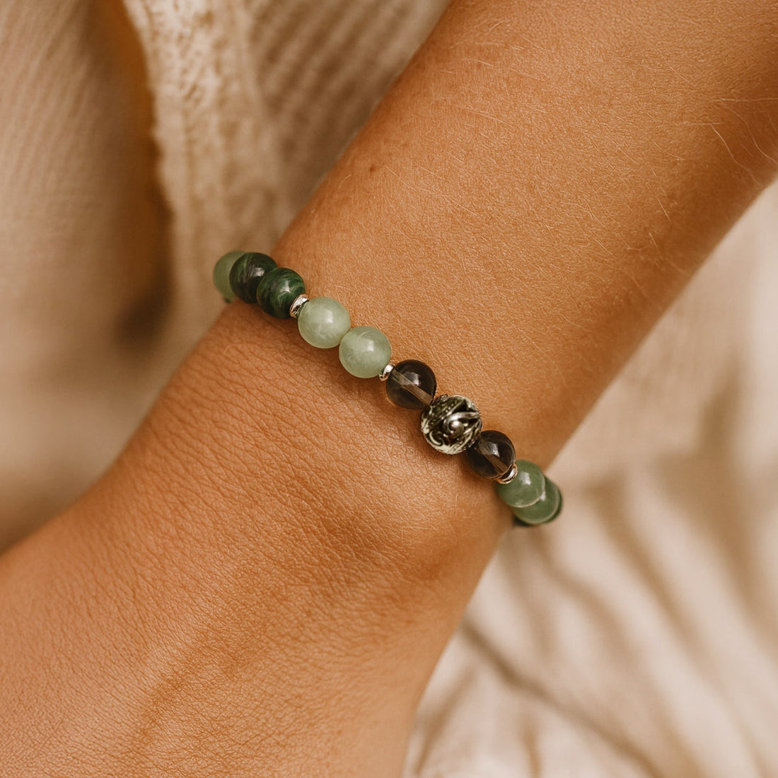 Bracelet "Chance & Protection" en Aventurine, Malachite & Quartz Fumé