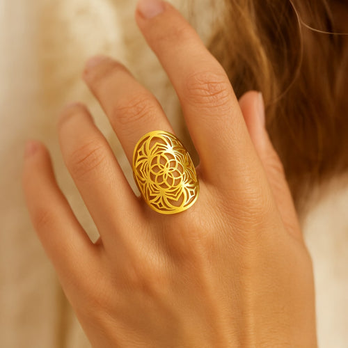 Bague Ajustable Fleur de Mandala - vue détail - Jardin de Gaïa