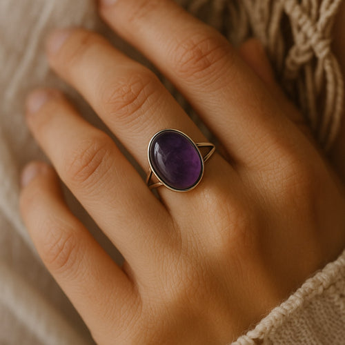 Bague Âme Apaisée en Améthyste & Argent - vue détail - Jardin de Gaïa