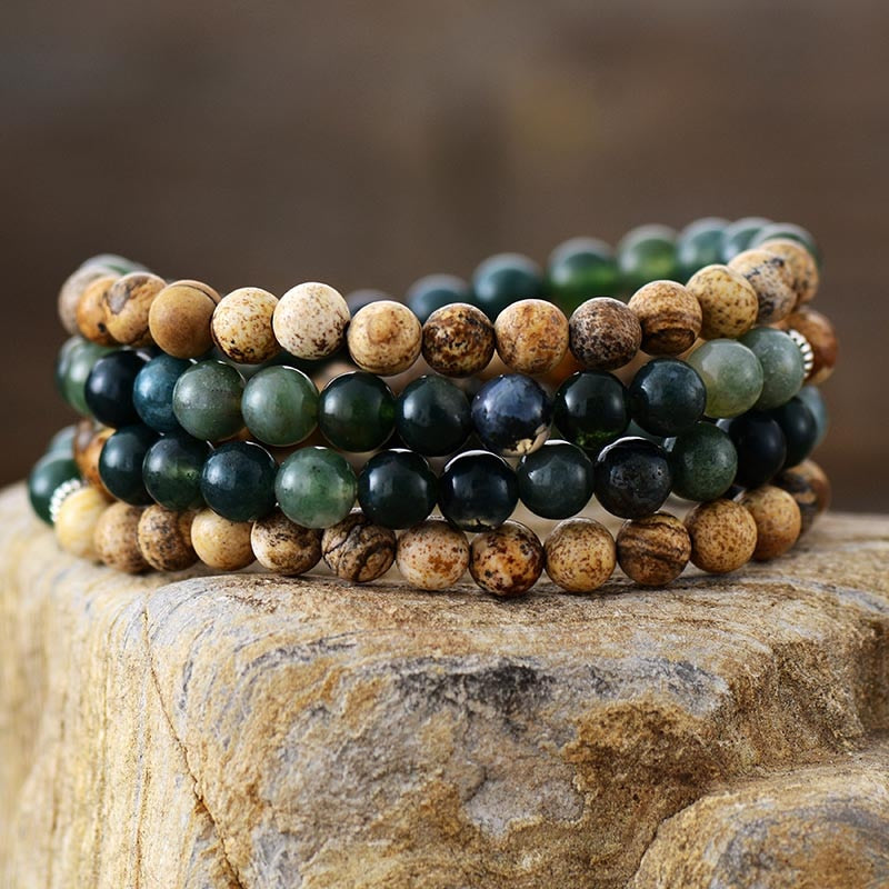 Bracelet Mala "Gaia" en Agate Mousse & Jaspe Paysage
