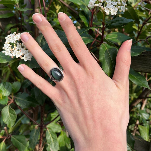 Bague Ajustable Guérison de L’Âme en Obsidienne Œil Céleste & Argent - vue détail - Jardin de Gaïa
