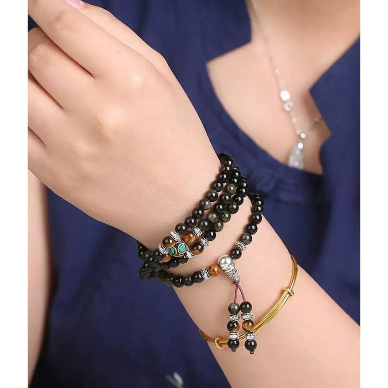 Bracelet Mala "Bouddhiste" en Obsidienne Noire & Dorée