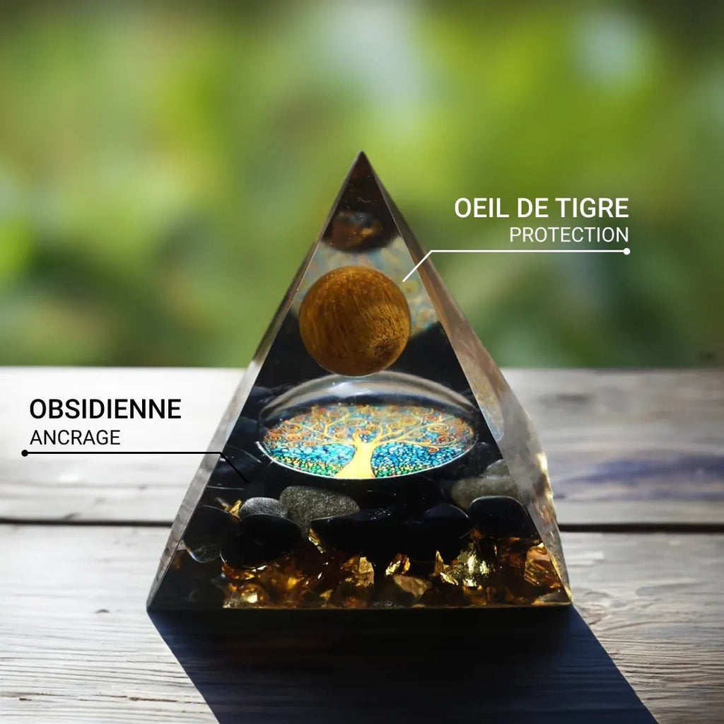 Orgonite "Arbre de Vie Renaissant" en Oeil de Tigre & Obsidienne
