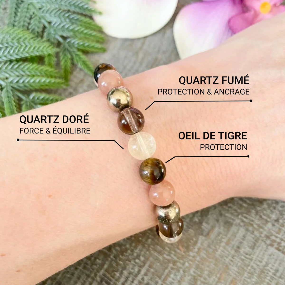 Bracelet "Énergie Solaire" en Quartz Fumé, Œil de Tigre & Quartz Rutile Doré
