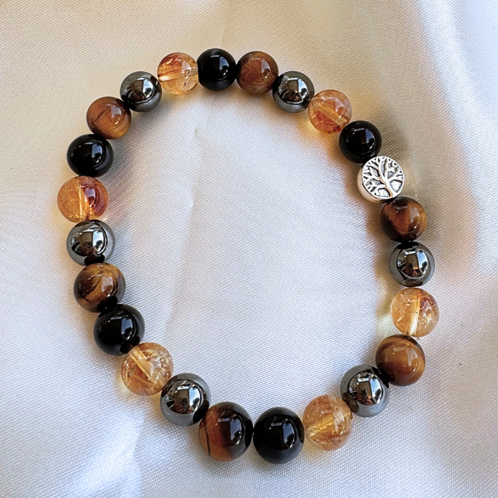 Bracelet "Force & Lumière" en Œil de Tigre, Citrine, Hématite & Obsidienne