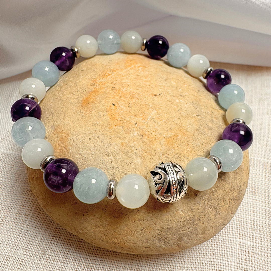 Bracelet Premium "Bien-Être Intérieur" en Améthyste, Aigue-Marine & Pierre de Lune