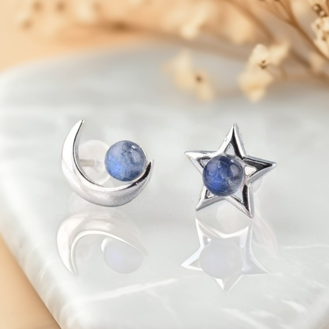 Boucles d’Oreilles "Lune Étoile" en Labradorite & Argent