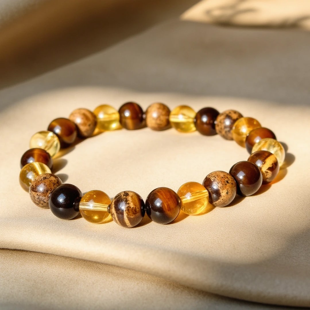 Bracelet "Protection & Prospérité" en Oeil de Tigre, Citrine & Jaspe Paysage