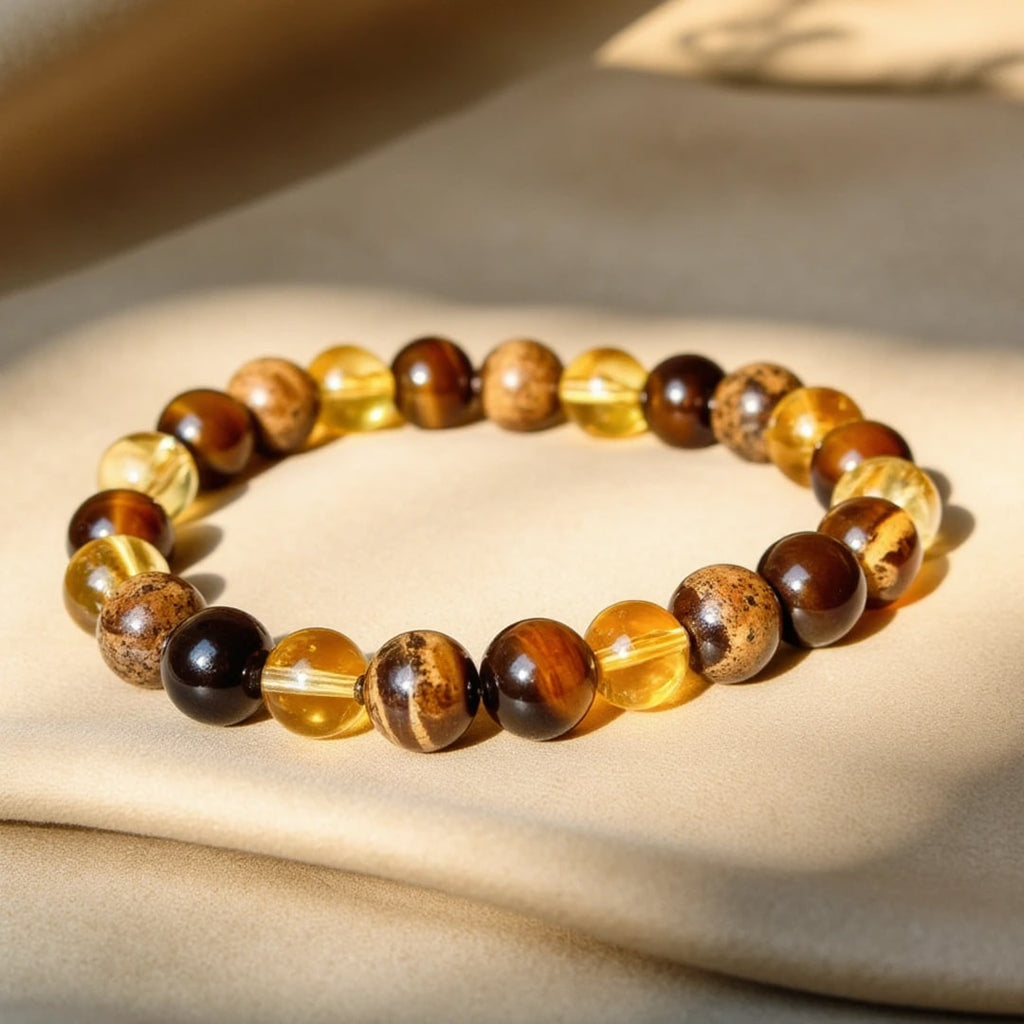 Bracelet "Protection & Prospérité" en Oeil de Tigre, Citrine & Jaspe Paysage