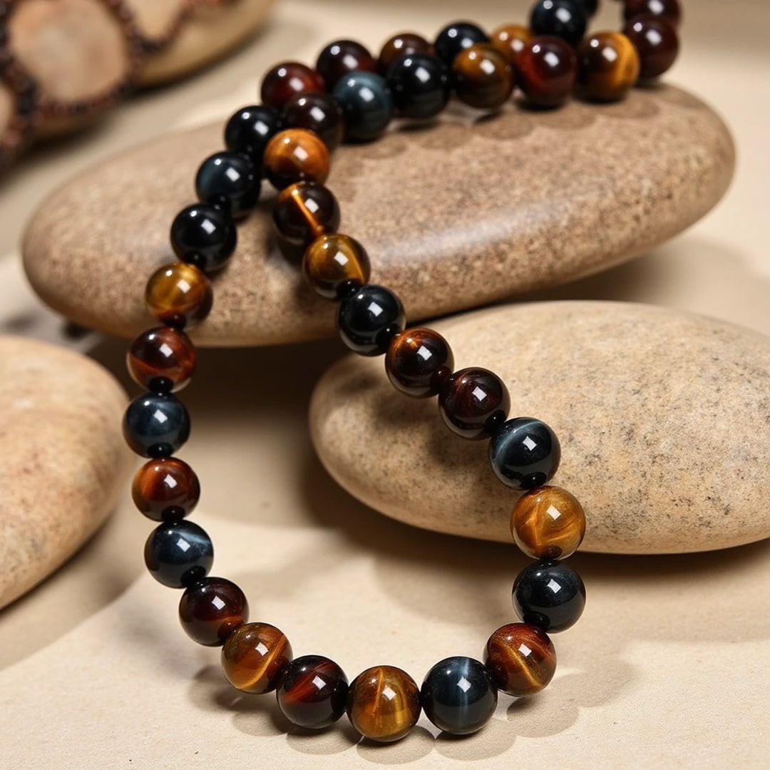Collier "Oeil Multiple" en Oeil de Tigre, Oeil de Faucon & Oeil de Taureau