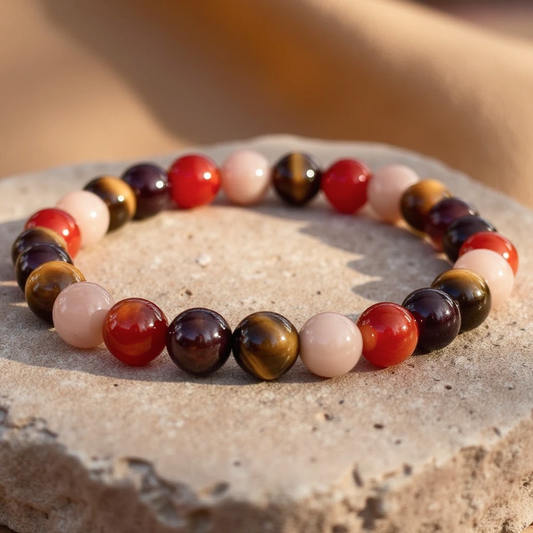 Bracelet "Chance & Joie" en Œil de Tigre, Pierre de Soleil, Cornaline & Grenat