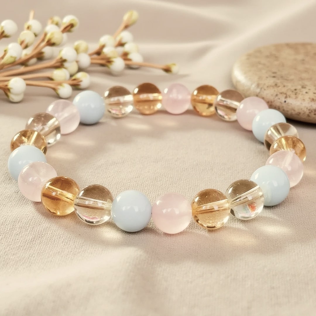 Bracelet "Existence" en Aigue-Marine, Quartz Rose, Citrine & Quartz