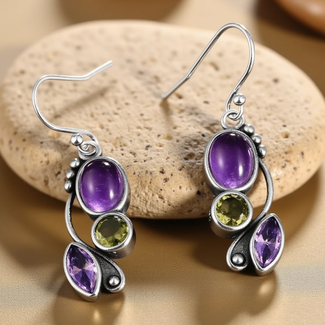 Boucles d’Oreilles "Cascade de Sérénité" en Améthyste & Péridot