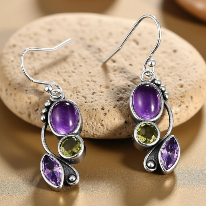 Boucles d’Oreilles "Cascade de Sérénité" en Améthyste & Péridot