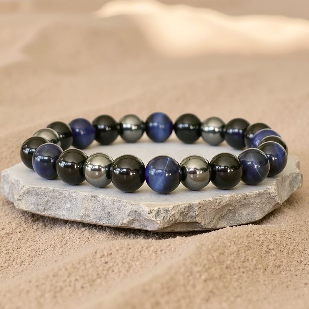 Bracelet "Guidance Intérieure" en Hématite, Tourmaline Noire & Œil de Tigre Bleu