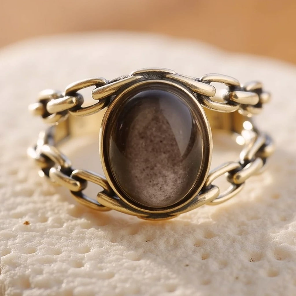 Bague Ajustable "Confiance Sacrée" en Obsidienne Dorée