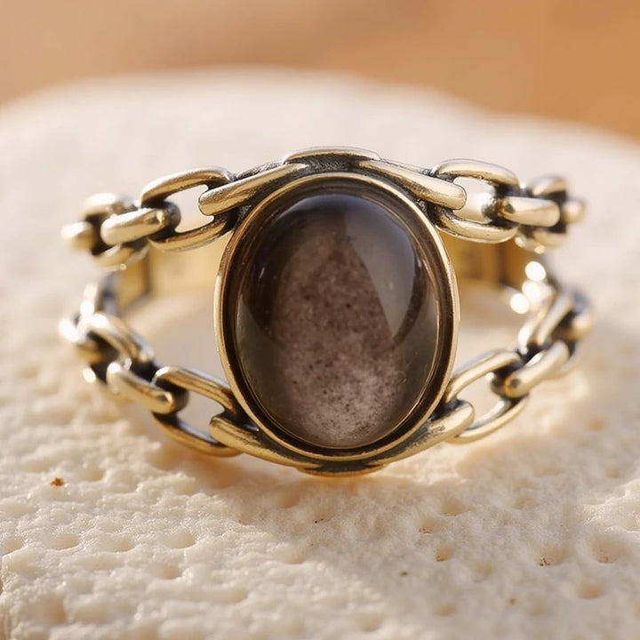 Bague Ajustable "Confiance Sacrée" en Obsidienne Dorée