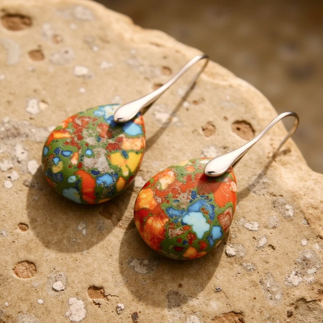 Boucles d’Oreilles "Gouttes Arlequines" en Jaspe