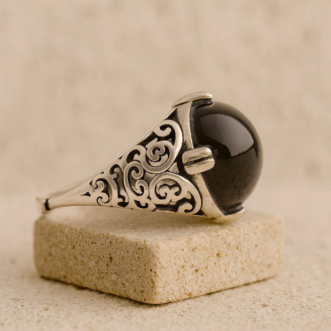 Bague "Sérénité Ancrée" en Agate Noire & Argent