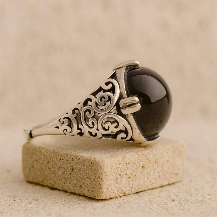 Bague "Sérénité Ancrée" en Agate Noire & Argent