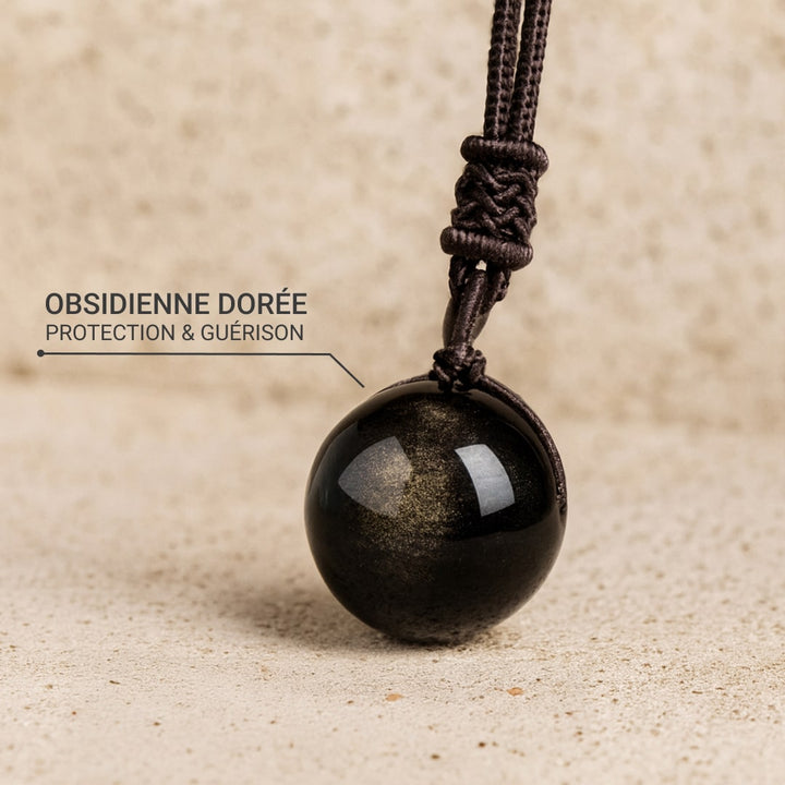 Pendentif "Sphère" en Obsidienne Dorée