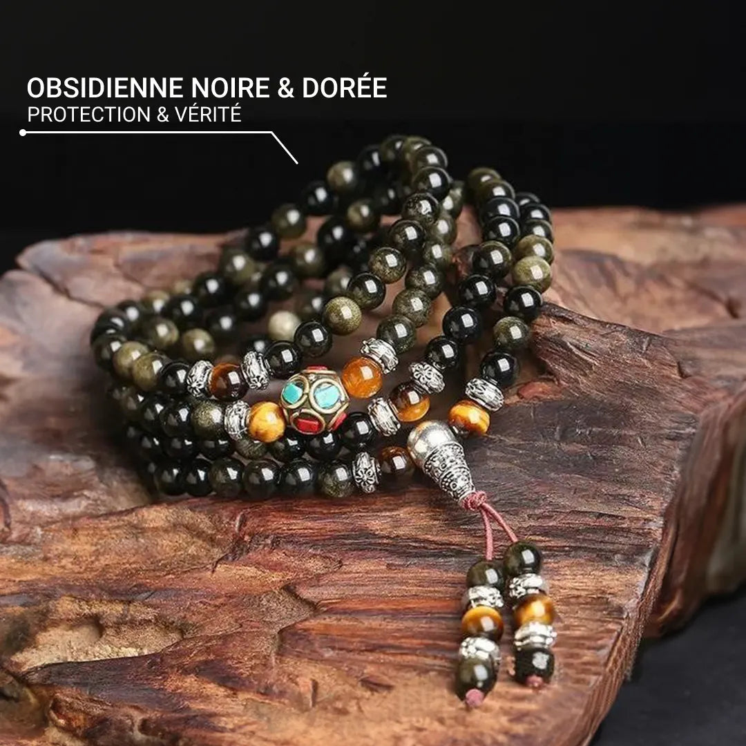 Bracelet Mala "Bouddhiste" en Obsidienne Noire & Dorée