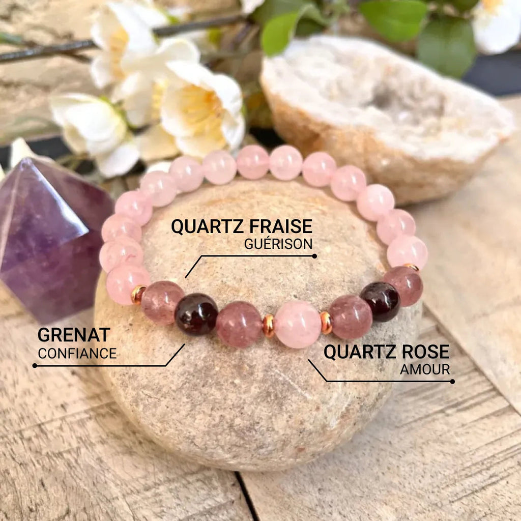 Bracelet "Amour Infini" en Quartz Rose, Grenat & Quartz Fraise