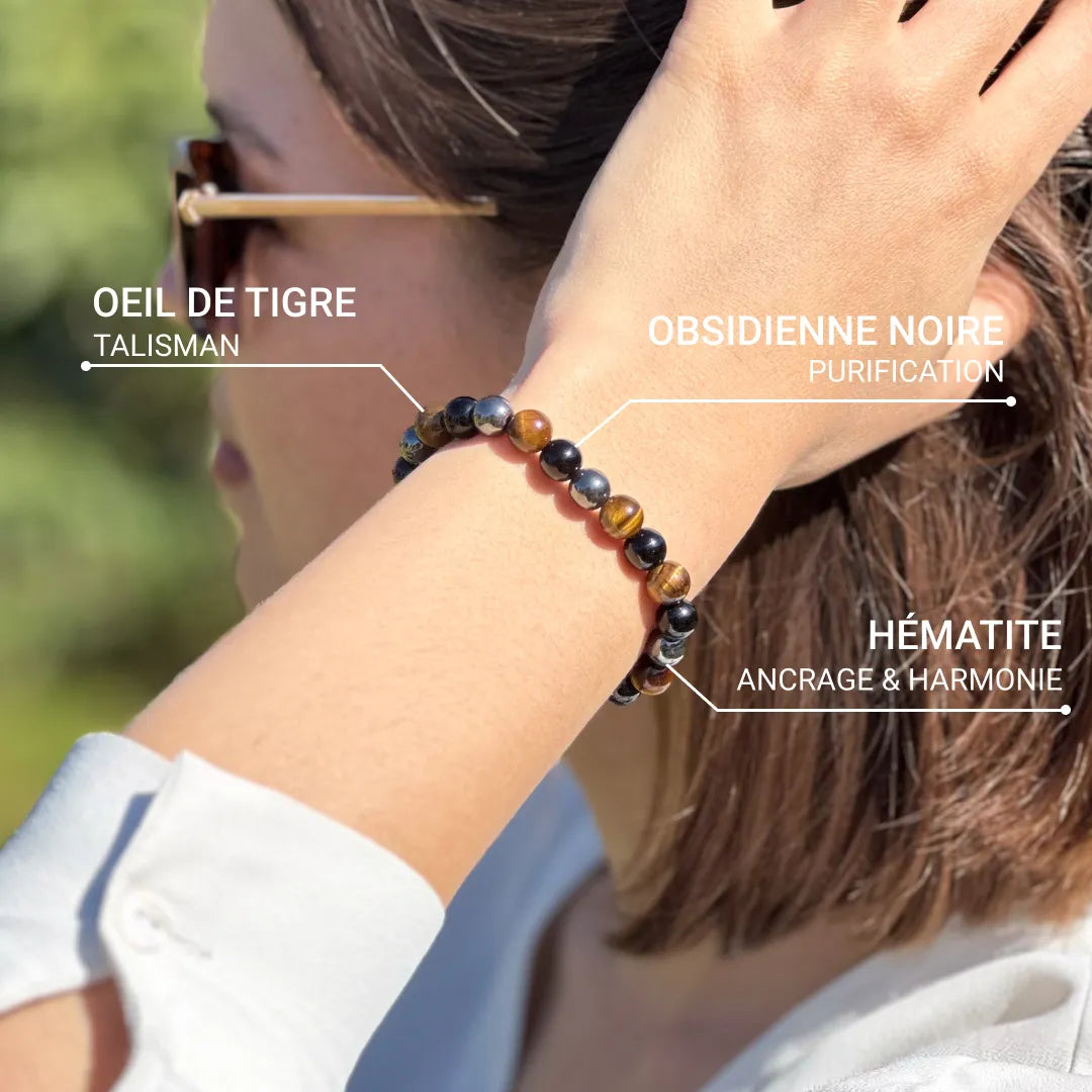 Bracelet "3 Protections" en Œil de Tigre, Hématite & Obsidienne Noire