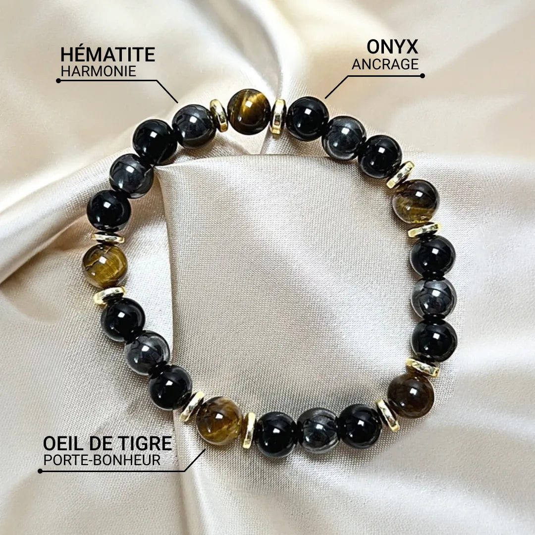 Bracelet "Confiance & Protection" en Œil de Tigre, Hématite & Onyx