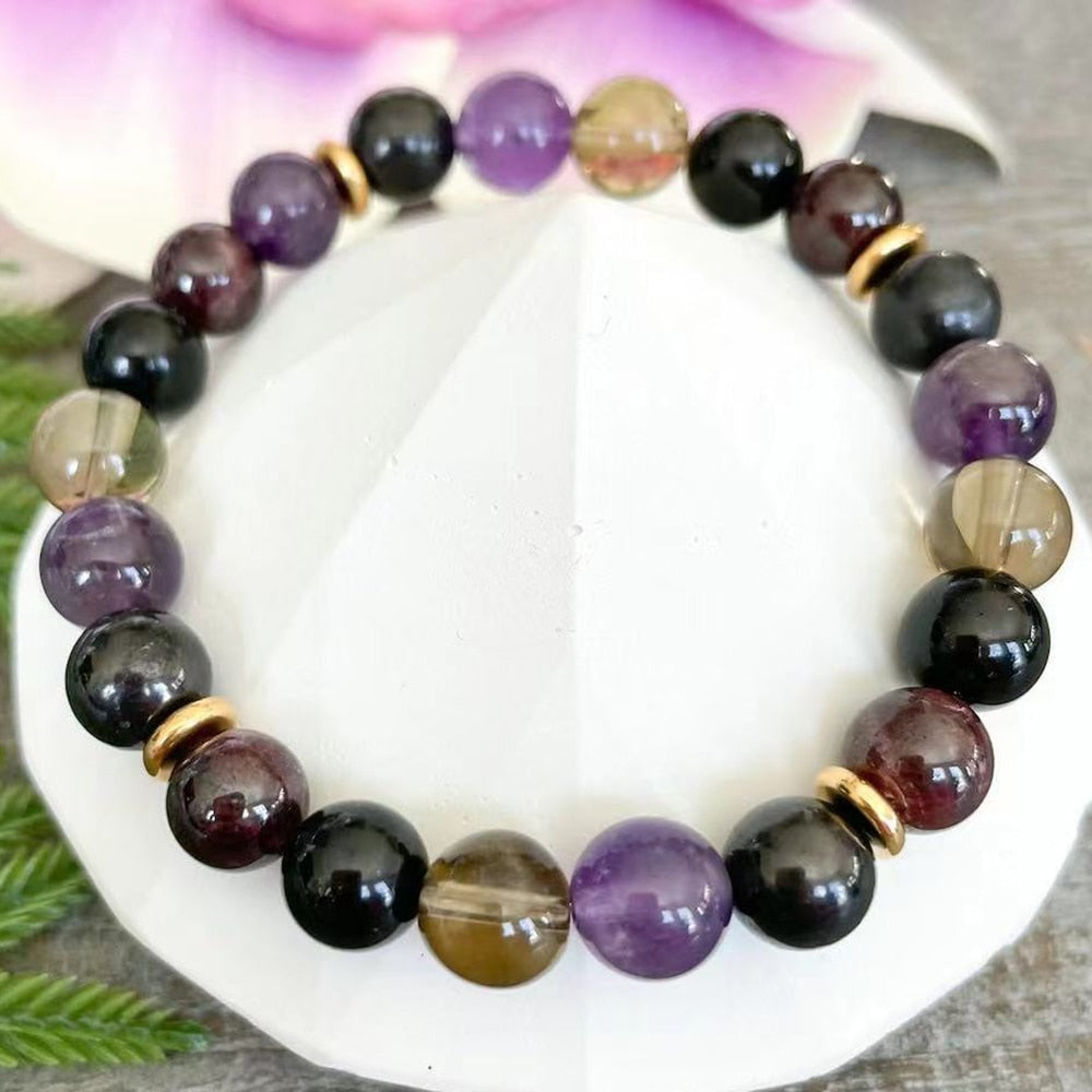 Bracelet "Harmonie & Protection" en Shungite, Quartz Fumé, Améthyste & Grenat