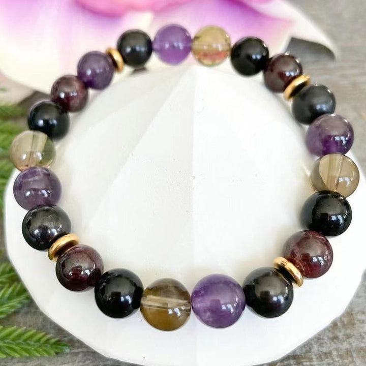 Bracelet "Harmonie & Protection" en Shungite, Quartz Fumé, Améthyste & Grenat