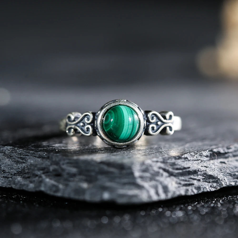 Bague Ajustable "Protection du Cœur" en Malachite & Argent