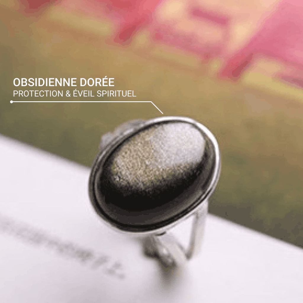 Bague Ajustable "Aura" en Obsidienne Dorée