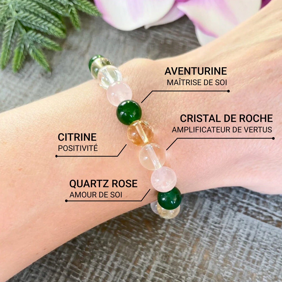 Bracelet "Chance & Opportunité" en Aventurine, Citrine, Quartz Rose & Cristal Clair