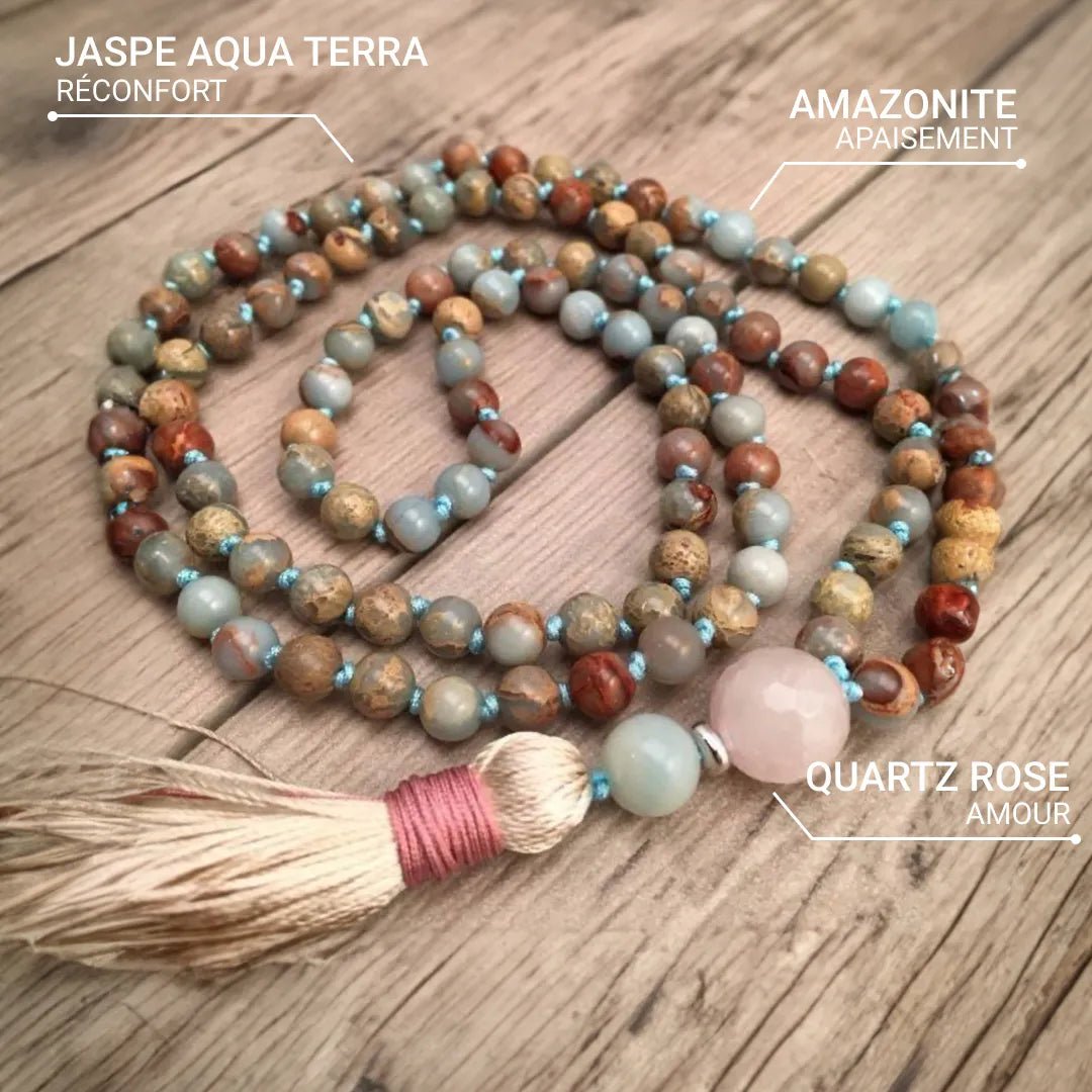 Collier Mala 108 Perles en Jaspe Aqua Terra, Amazonite & Quartz Rose