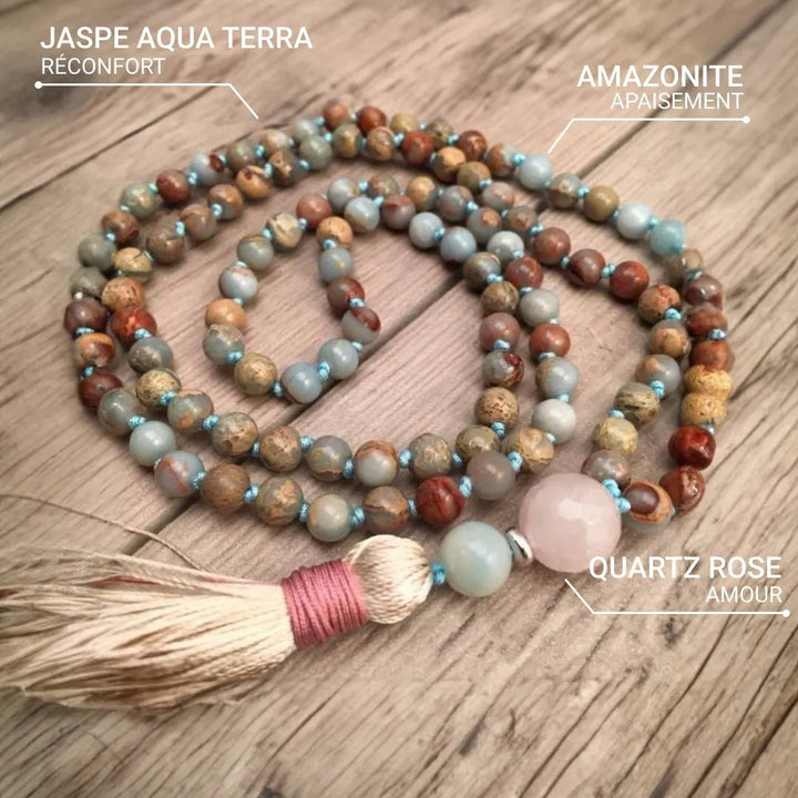 Collier Mala 108 Perles en Jaspe Aqua Terra, Amazonite & Quartz Rose