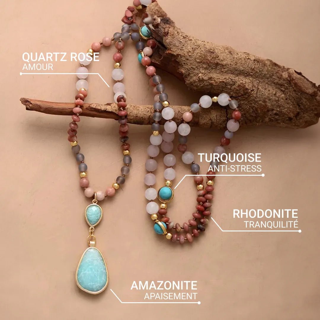 Collier Mala Ethnique en Turquoise, Amazonite, Quartz Rose & Rhodonite