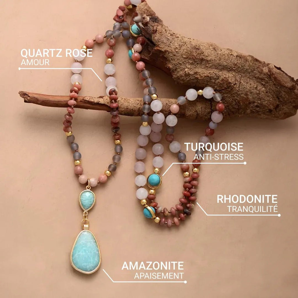 Collier Mala Ethnique en Turquoise, Amazonite, Quartz Rose & Rhodonite