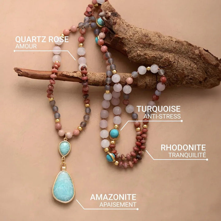 Collier Mala Ethnique en Turquoise, Amazonite, Quartz Rose & Rhodonite