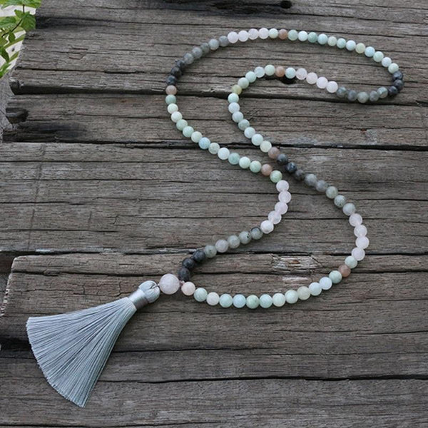 Collier Mala Premium "Sérénité de l'Esprit" en Labradorite, Aigue-Marine & Quartz Rose