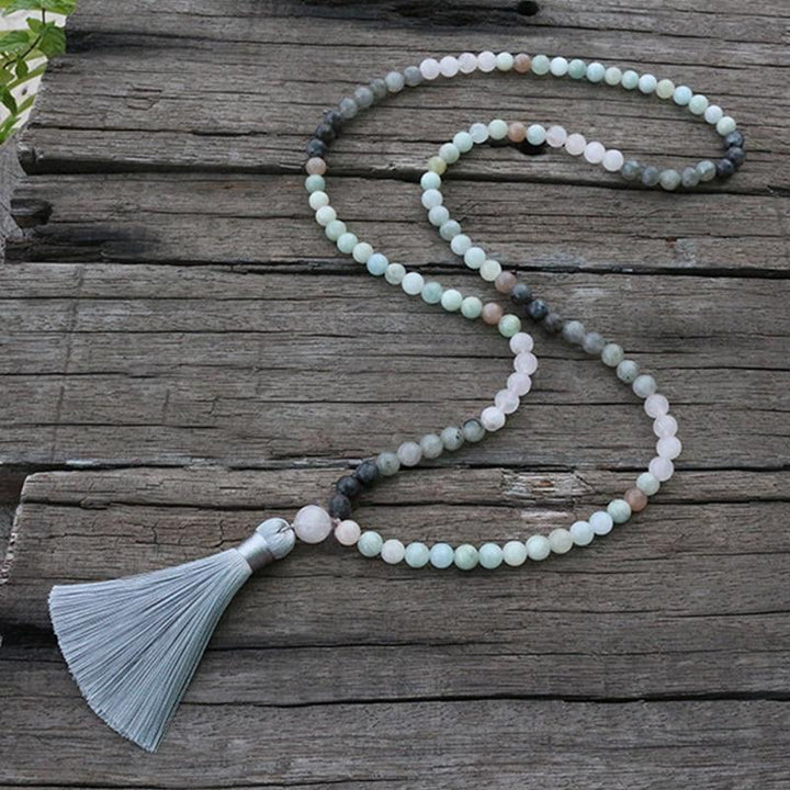 Collier Mala Premium "Sérénité de l'Esprit" en Labradorite, Aigue-Marine & Quartz Rose