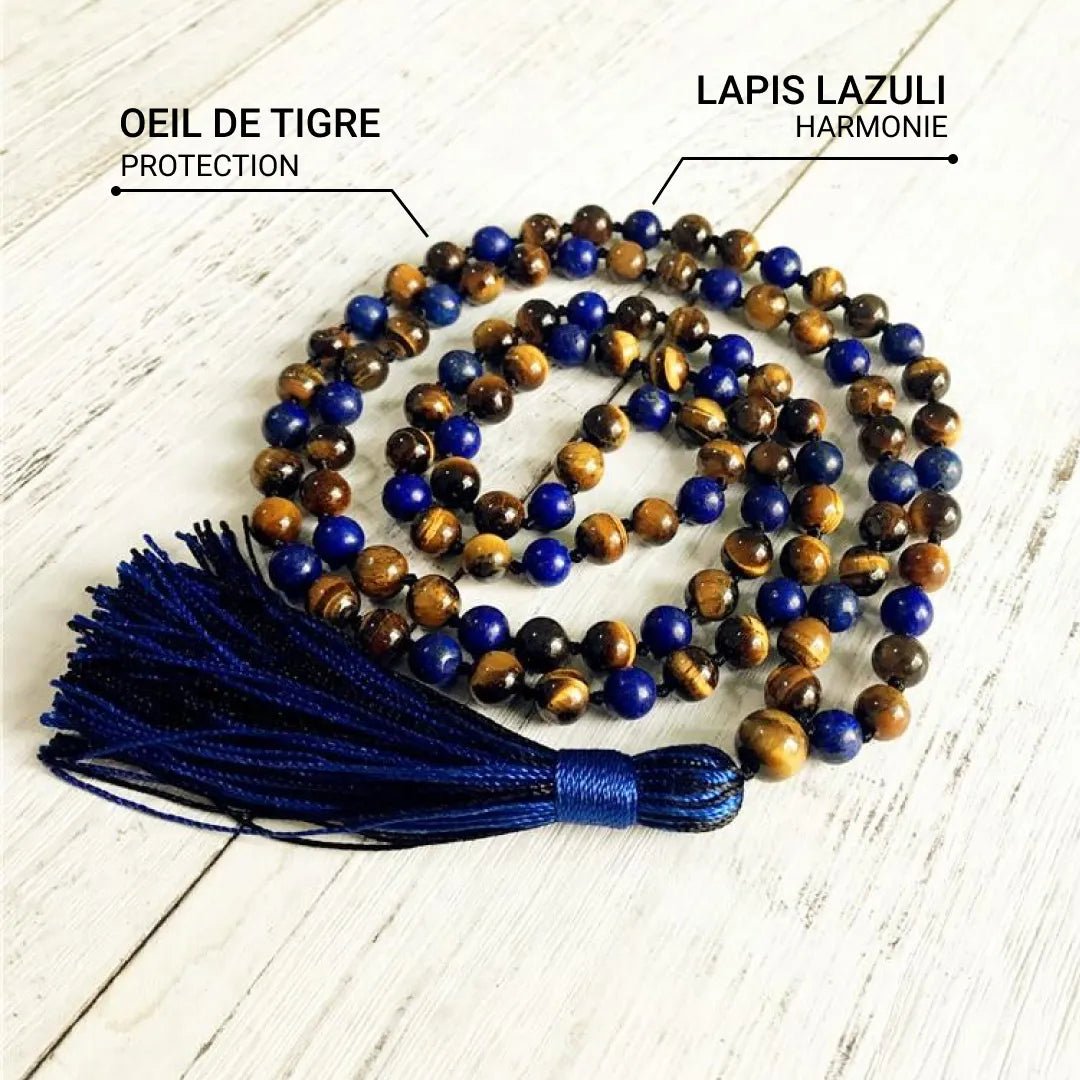 Collier Mala "Protection & Communication" en Lapis Lazuli & Oeil de Tigre