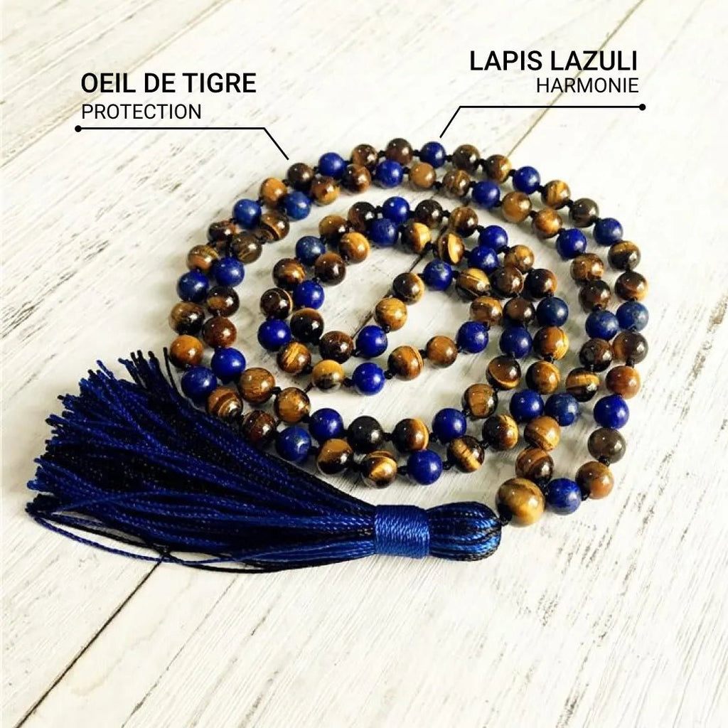 Collier Mala "Protection & Communication" en Lapis Lazuli & Oeil de Tigre